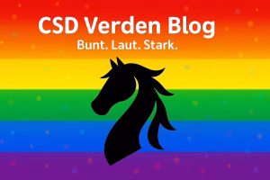 Titelbild des CSD Verden Blogs: Schwarzer Pferdekopf auf buntem Regenbogenhintergrund mit Schriftzug 'CSD Verden Blog – Bunt. Laut. Stark.' und verspielten Konfetti-Elementen