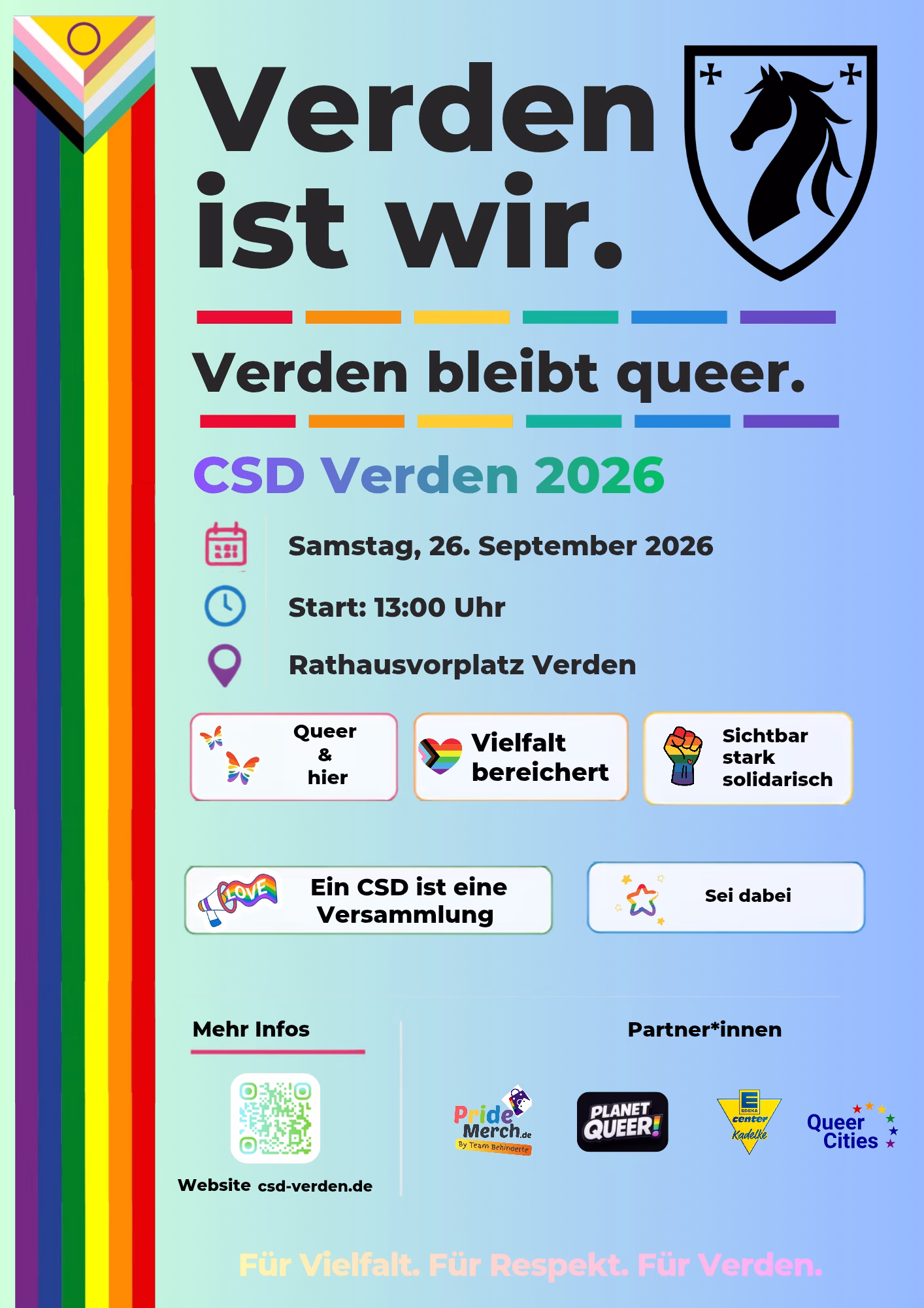 CSD Verden 2026 Flyer mit Regenbogenflagge und Verdener Wappen. Motto: „Verden ist wir. Verden bleibt queer.“ Datum: Samstag, 26. September 2026, Start: 13:00 Uhr am Rathausvorplatz Verden. Hinweise auf Versammlung, Partner wie Planet Queer und E-Center Kudraß sowie QR-Code zur Website csd-verden.de.